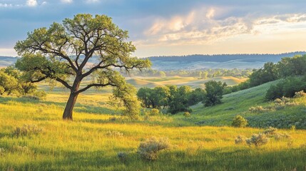 Obraz premium A picturesque scene of a lone tree in a lush green grassland surrounded by distant forests.