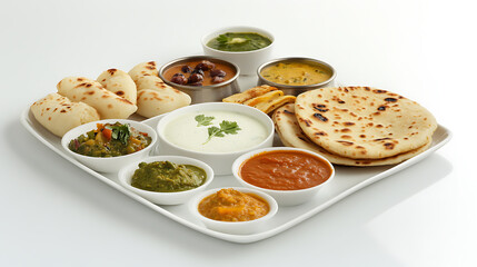 A traditional Indian thali platter with naan, dosa, and masala curries served on clean white plates, styled for minimalism 