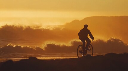 Obraz premium Silhouette of Cyclist at Sunset with Ocean Waves