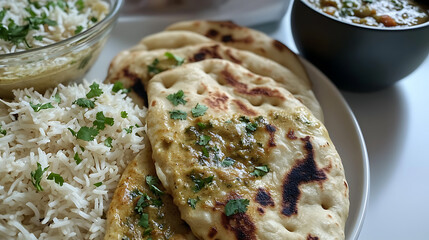 Close-up of naan bread served with masala curry and biryani, presented on a clean white table 