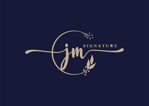 luxury gold signature initial jm logo design isolated leaf and flower 