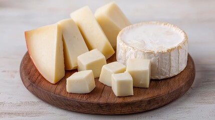 Assorted Cheeses on Wooden Board with Fresh Ingredients