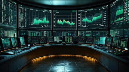 Futuristic Control Room with Multiple Screens Displaying Data and Information