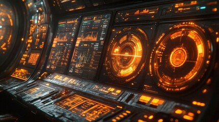 Futuristic Spaceship Control Panel with Glowing Orange Interface