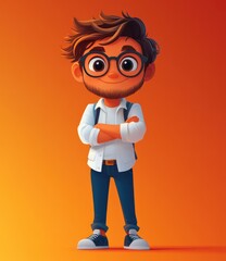 Confident Nerdy Character Standing with Arms Crossed in Cartoon Style Illustration