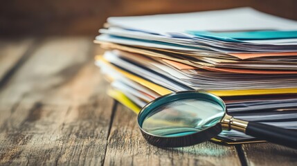 A stack of job applications accompanied by folders and a magnifying glass, symbolizing the process of reviewing and assessing potential candidates.