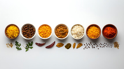 Indian street food spread with curry, biryani, and chutneys, styled on a minimalist white surface 