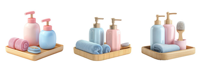 Obraz premium Stylish Bathroom Essentials on Wooden Tray