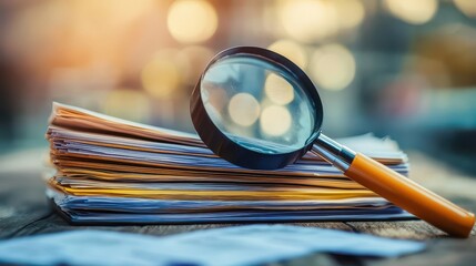 A stack of job applications accompanied by folders and a magnifying glass, symbolizing the process of reviewing and assessing potential candidates.