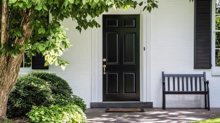 A striking black front door stands out against the white facade of the house, flanked by a lush green tree and a quaint bench.