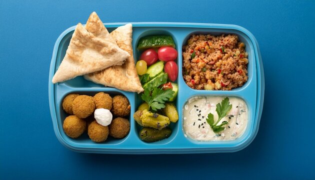 A lunchbox with compartments holding tabbouleh, falafel, sliced pita, and a container of tza 