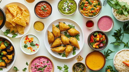Overhead shot of samosas served with colorful chutneys and curry on a white plate for a vibrant look 