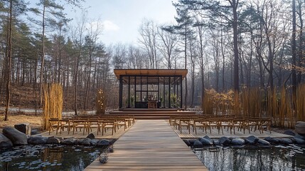 Fototapeta premium Serene Forest Chapel: A Modern Architectural marvel nestled in tranquil nature. Wooden deck pathways lead to a glass chapel surrounded by water and tall grasses. Perfect for weddings or meditation.