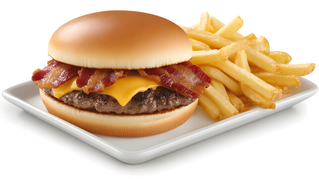Juicy cheeseburger topped with crispy bacon served with a side of golden french fries on a white plate. A classic fast food meal.