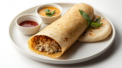 Plated dosa served alongside biryani and naan, complemented with chutney in small bowls, styled on a white background 