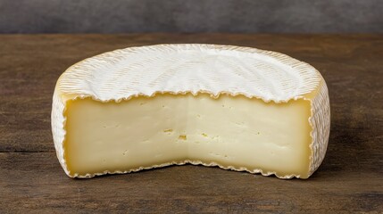 Creamy Soft Cheese Wheel Cut with Rustic Wood Background