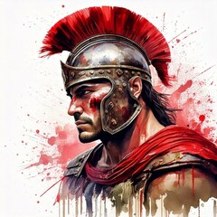 Watercolor Roman warrior illustration with ink splashes, ideal for apparel printing
