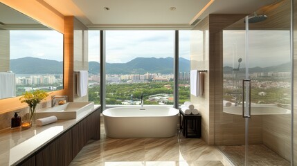 A stylish hotel bathroom featuring a sleek sink, elegant tub, modern shower, and a panoramic window.