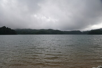 Monte bello lagoons, water, sand, clouds,trees, landscape, water, fog at chiapas, mexico 