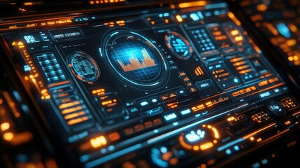 Futuristic digital interface with glowing neon elements and intricate details