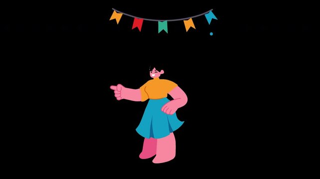 A cartoon character with a pink skin tone wearing a yellow top and blue skirt, standing under colorful festive decorations.