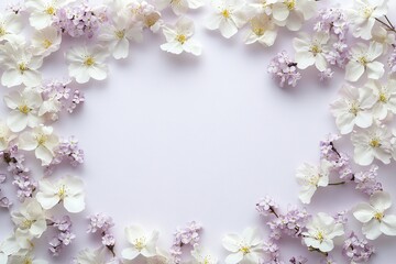 Obraz premium Delicate Spring Blossoms Frame: White and Lilac Flowers Create a Lovely Floral Border on a Soft Purple Background, Perfect for Springtime Designs and Celebrations.