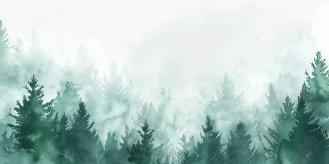 Obraz premium A serene watercolor depiction of a misty forest landscape.