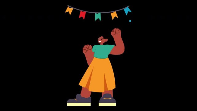 A joyful person celebrating with a colorful banner overhead, showcasing a vibrant expression.