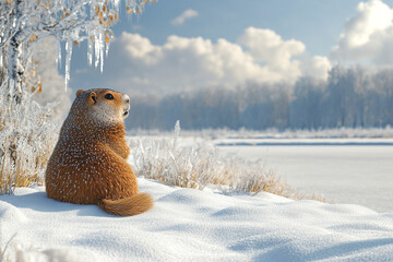 Obraz premium A fluffy marmot sits on snow, looking out at a frozen lake and frost-covered trees under a bright winter sky.