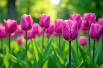 Fototapeta premium Tall purple tulip stalks in a lush green garden, landscape, plant life, purple