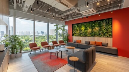 A stylish office interior featuring distinct work and lounge zones with a panoramic window.