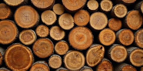 Natural pile of wood logs background arranged in a symmetrical stack. Highlighting organic patterns. Perfect for industrial and decorative use