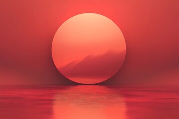 A surreal image of a red sunset viewed through a circular portal, reflecting on a calm sea. Minimalist and artistic.