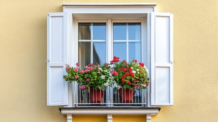 A French casement window with elegant white frames, open to a balcony with blooming flowers, 