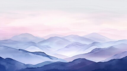Fototapeta premium A serene watercolor landscape depicting layered mountains in soft pastel hues.