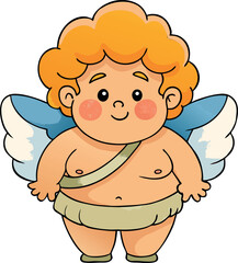 Smiling Cupid with curly orange hair, blue wings, and a simple outfit. Cartoon illustration of a cupid character for romantic or love-themed designs