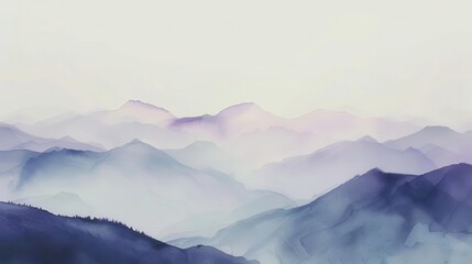 Obraz premium A serene watercolor landscape depicting soft, layered mountains in pastel hues.