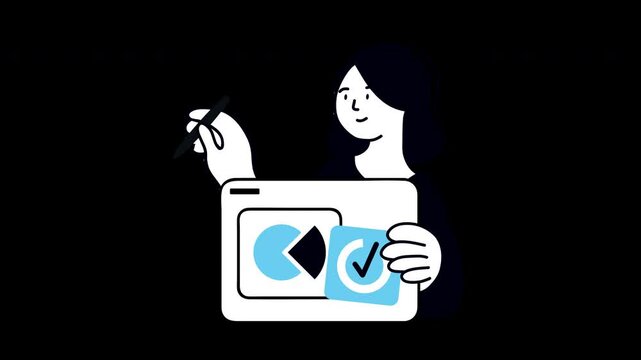 A woman animatedly illustrating concepts on a digital tablet, showcasing creativity in a flat design.