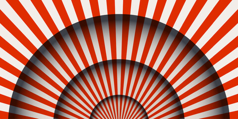 Paper cut circus stage with striped red and white lines curtains background. Papercut layers with stripe pattern. Vector background.