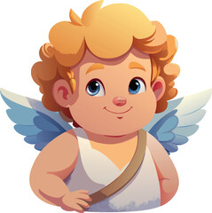 Smiling Cupid with golden curly hair, blue wings, and a white tunic. Hand-drawn illustration of a cupid character for Valentine's Day themes