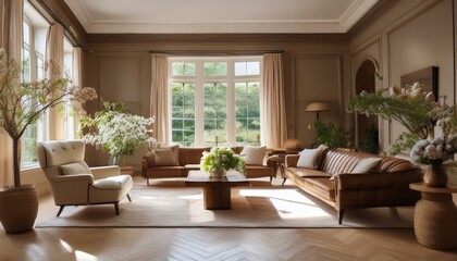  Timeless classical living room with dark walnut furniture, neutral-toned upholstery, and del 