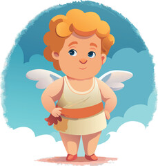 Cartoon Cupid with curly orange hair, wearing a white outfit with a red belt, standing among the clouds. Valentine or love-themed illustration