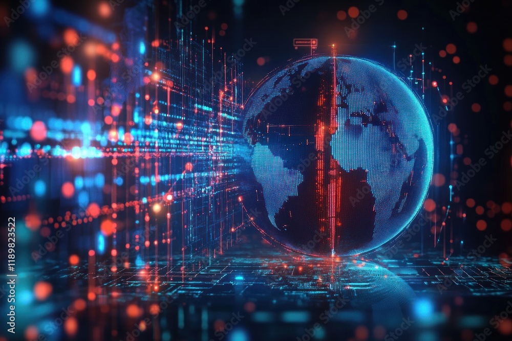 Poster Futuristic Digital Globe Network Technology Visualization with Earth Map and Neon Lights