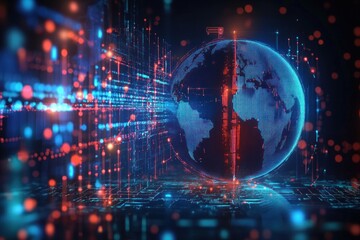Fototapeta premium Futuristic Digital Globe Network Technology Visualization with Earth Map and Neon Lights