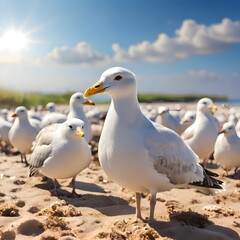 seagulls on the beach under sunlight 