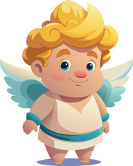 Cartoon cherub with golden hair, blue wings, and a white tunic, smiling sweetly. Hand-drawn illustration for love, romance, and festive designs