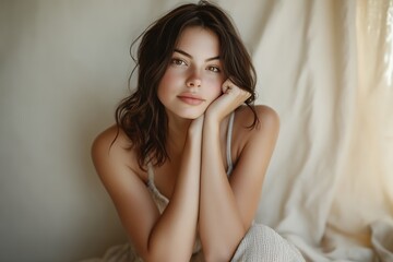 Naklejka premium A beautiful young woman with serene expression, sitting indoors, in soft light. The picture has a calm and peaceful atmosphere.