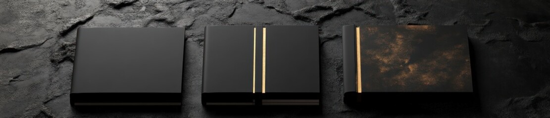 Minimalist Still Life of Black Notebooks with Golden Edges on Concrete Background