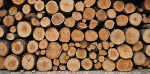 Natural pile of wood logs background arranged in a symmetrical stack. Highlighting organic patterns. Perfect for industrial and decorative use