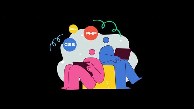 Two cartoon characters, one pink and one blue, engaged in programming with laptops, featuring programming language labels.
